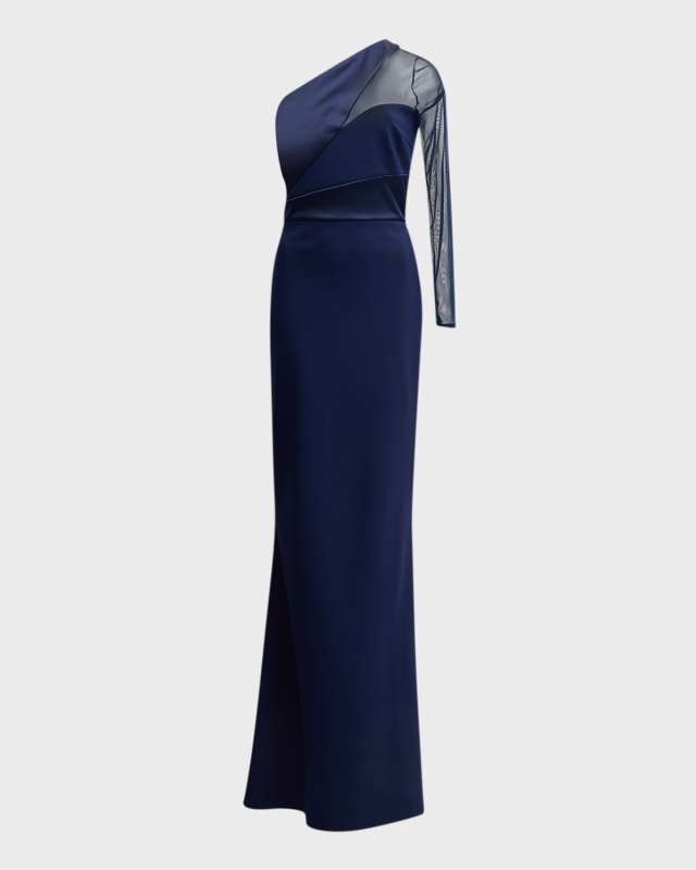 Avio One-Shoulder Illusion-Sleeve Trumpet Gown